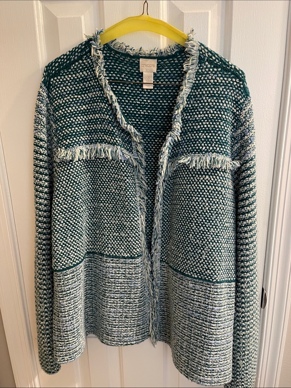 Chico's Teal and White Textured Fringe Open Cardigan, size 3/US XL